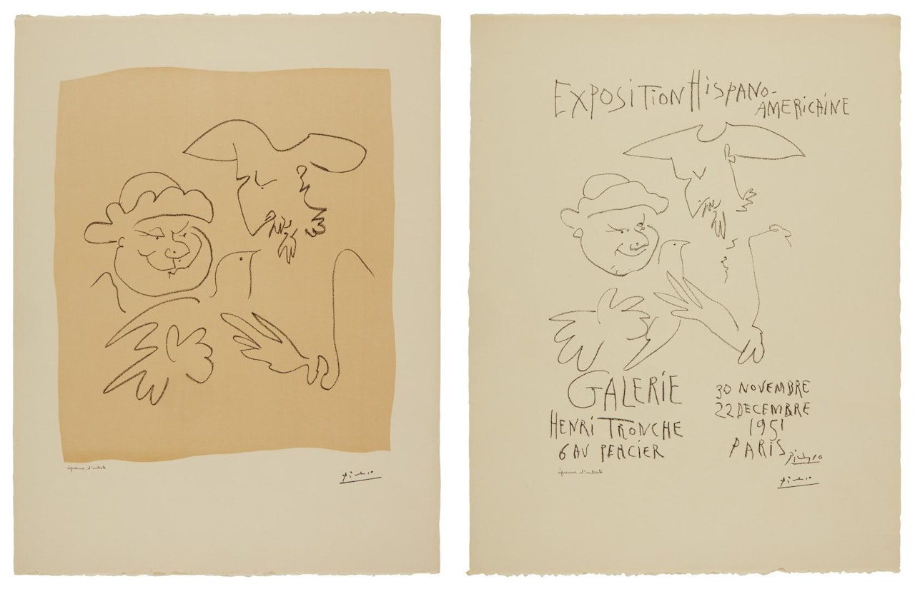 AFFICHE POUR L'EXPOSITION HISPANO-AMÉRICAINE AND DON QUICHOTTE ET SANCHO PANÇA, I & II: THREE PRINTS (B. 1262, 688-89; M. 205, 207-8) by Pablo Picasso