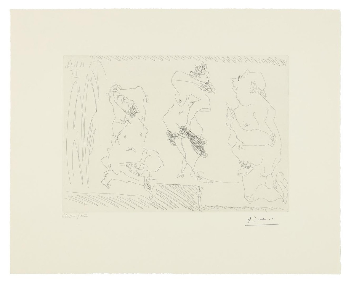 SCÈNE DE THÉÂTRE: DANSEUSE ET DEUX VIEILLARDS (B. 1410; BA. 1425) by Pablo Picasso