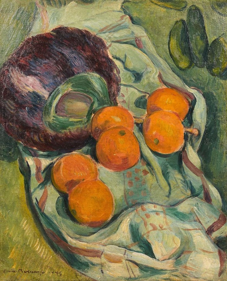 Still life with range of feathers, oranges and towel by Emile Bernard