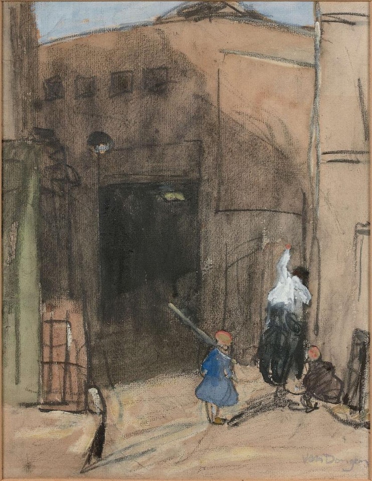 Two children playing in the street accompanied by a woman by Kees van Dongen