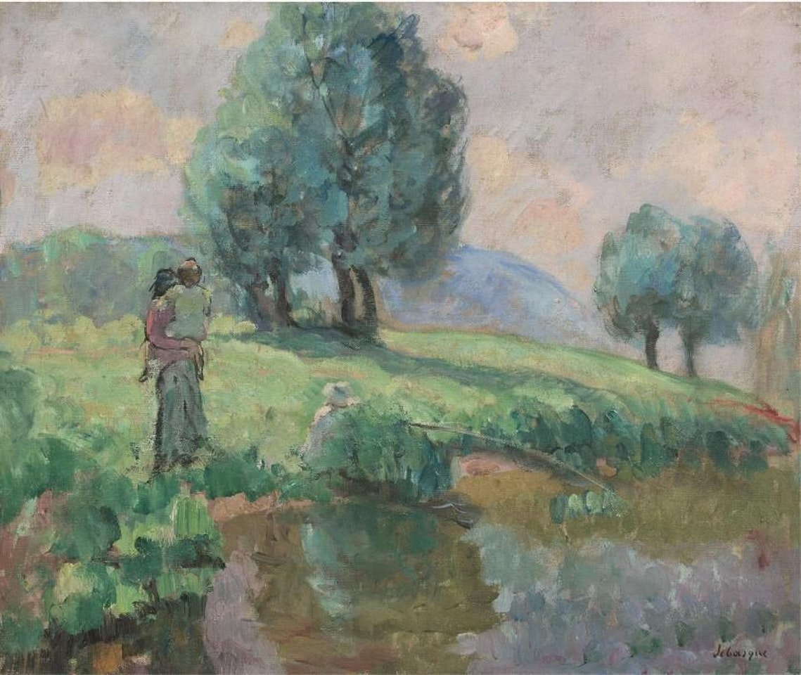 Mother and children at the edge of a river by Henri Lebasque