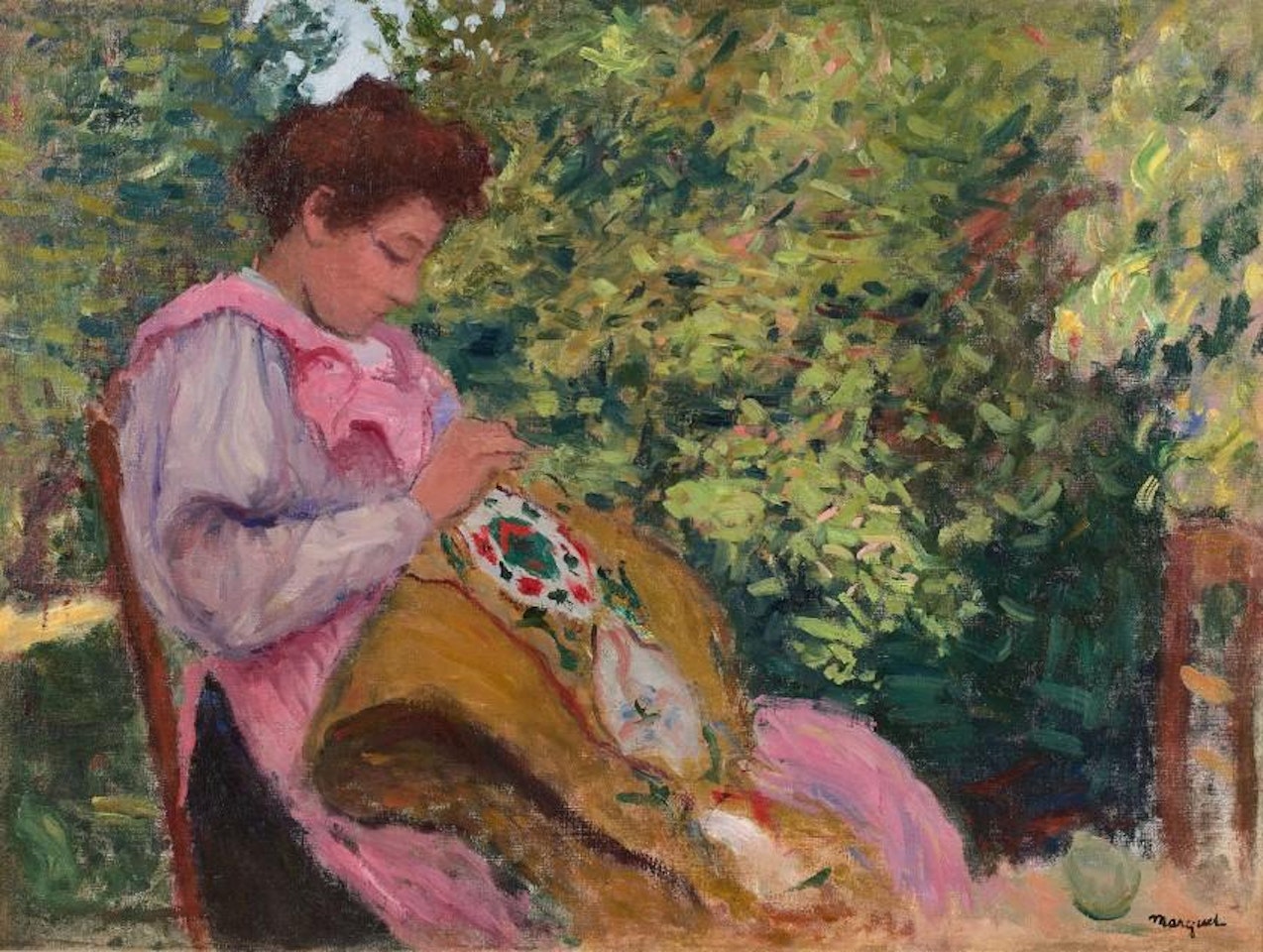 Young girl embroidering in the Garden by Albert Marquet