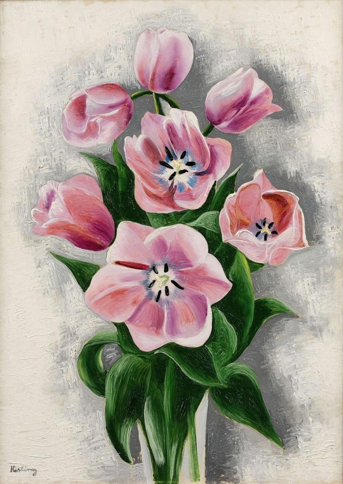 Vase of pink tulips by Moïse Kisling