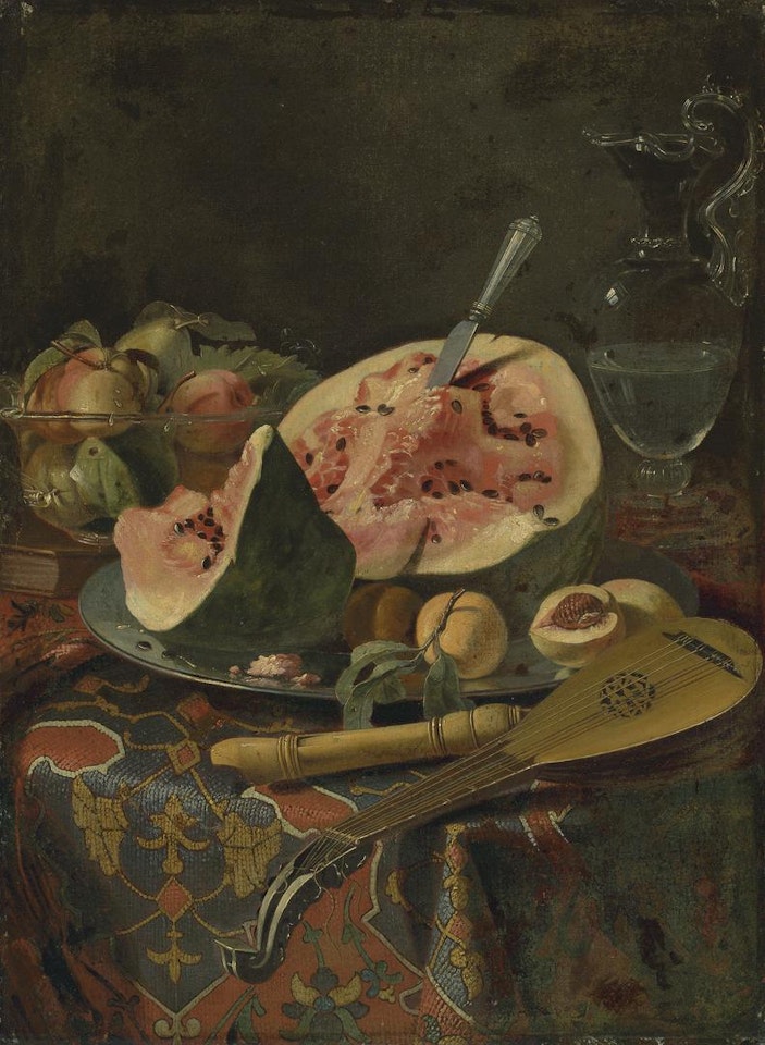 A watermelon and other fruit, with musical instruments and a glass ewer, on a draped table by Cristoforo Munari