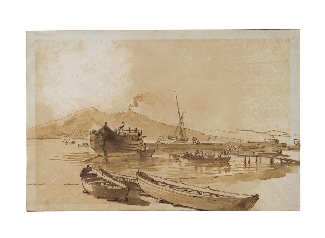 La baie de Naples, des bateaux au premier plan, le Vésuve au fond by Claude Joseph Vernet