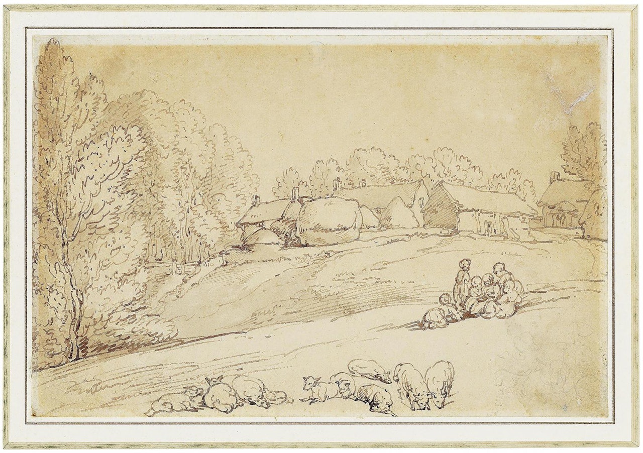 Children near farm buildings, a flock of sheep in the foreground by Thomas Rowlandson