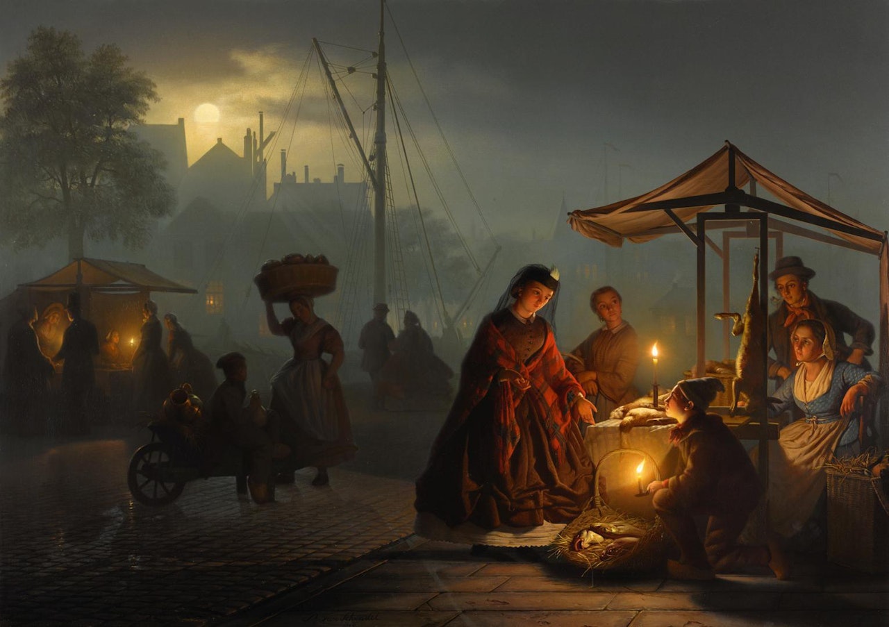 Market in Amsterdam by Moonlight by Petrus van Schendel