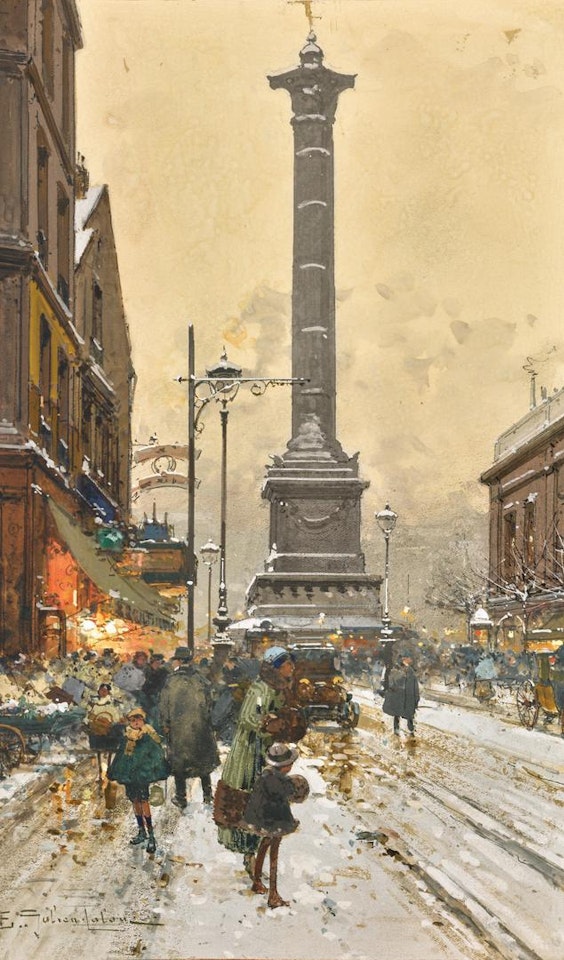 Three Parisian Views: (i) Place de la Madeleine, marché aux fleurs;  (ii) Le marché aux puces, Porte du Châtillon; (iii) Place de la Bastille by Eugene Galien-Laloue