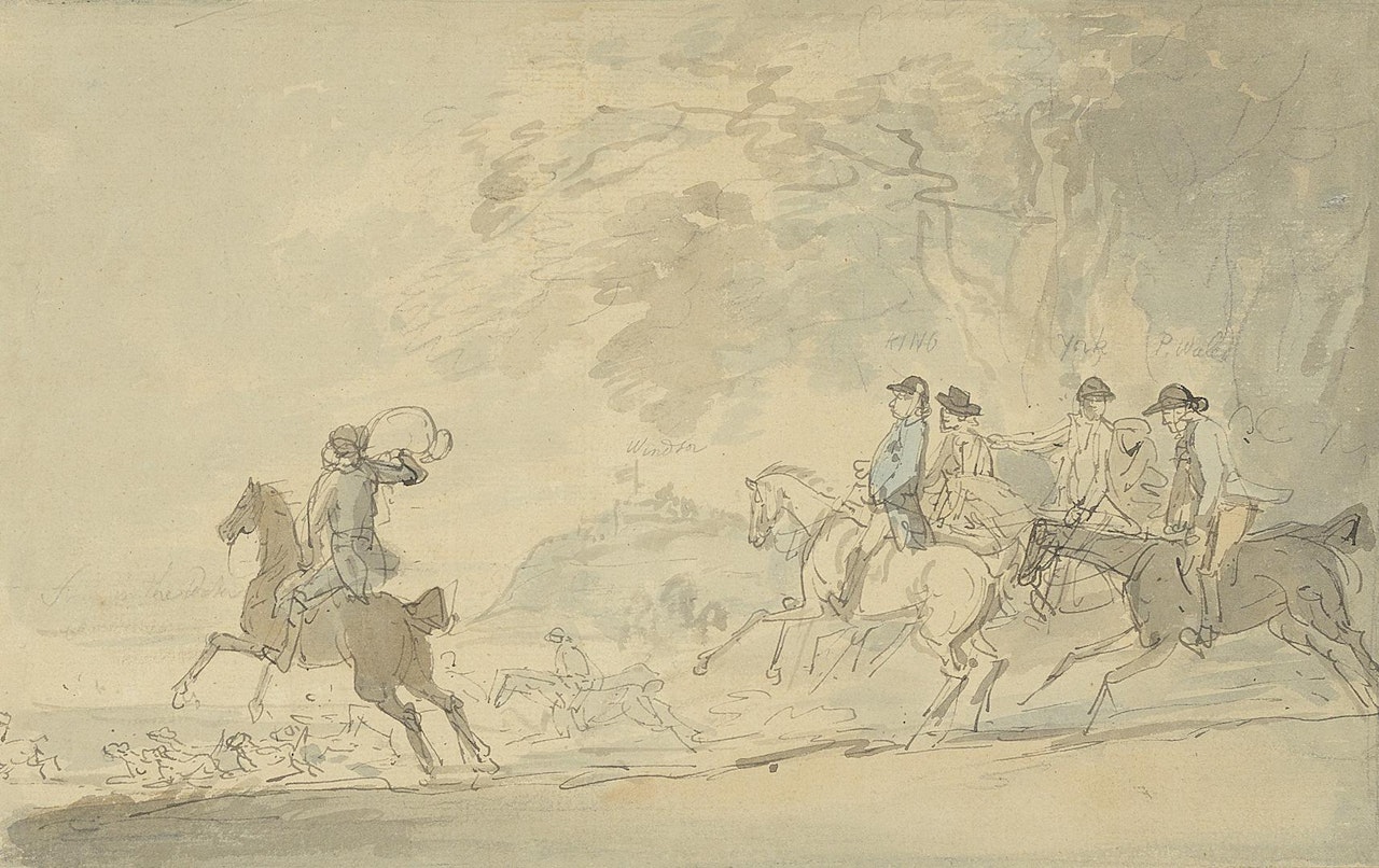 George III, The Prince of Wales and the Duke of York riding in Windsor Great Park, the Castle beyond by Thomas Rowlandson