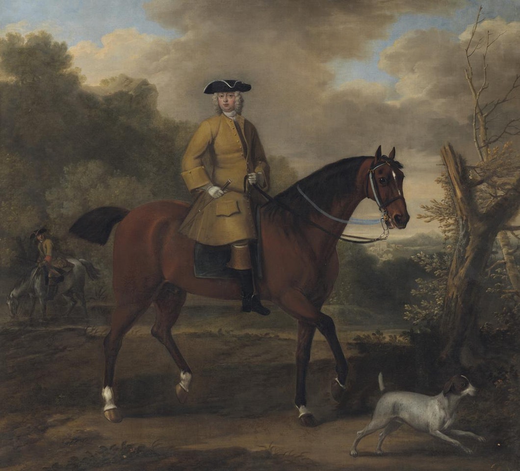 Portrait of a gentleman, traditionally identified as William, Duke of Cumberland (1721-1765), on a dark bay hunter with a hound by John Wootton