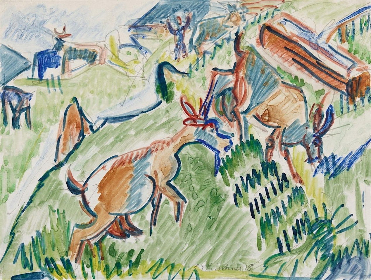 Grasende Ziegen im Gebirge by Ernst Ludwig Kirchner