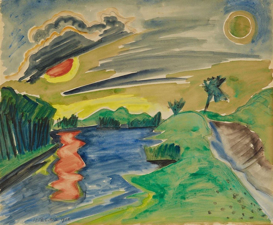 Landschaft mit Gewässer, am Himmel Sonne und Mond by Max Pechstein