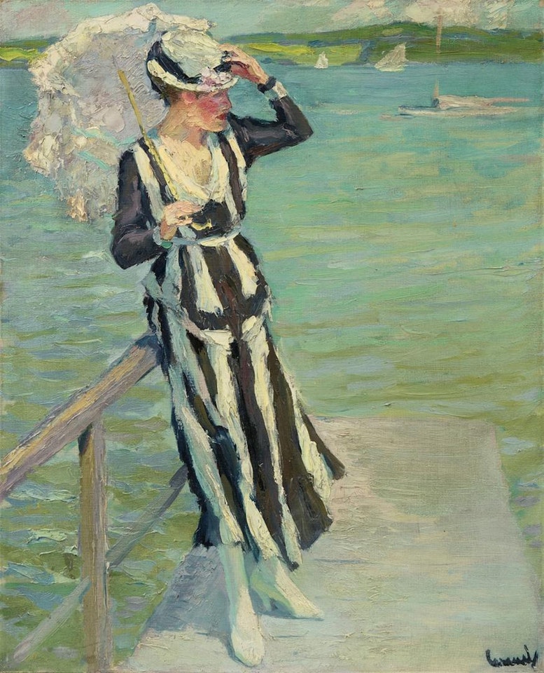 Auf dem See - Dame im gestreiften Kleid mit Sonnenschirm by Edward Cucuel