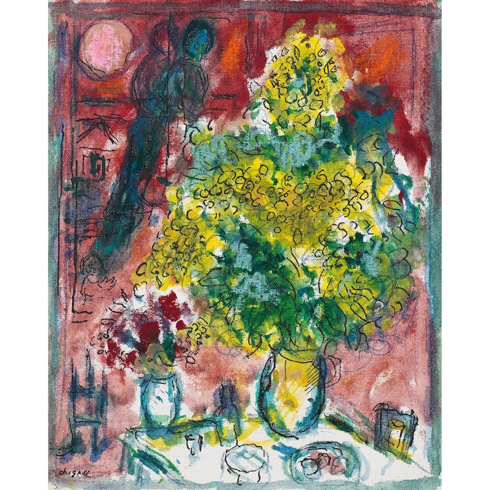 Grand bouquet jaune sur fond rouge by Marc Chagall