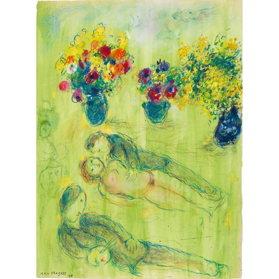 Pastorale du peintre sur fond vert by Marc Chagall