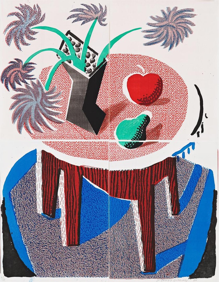 "Flowers, apple and pear on table" by David Hockney