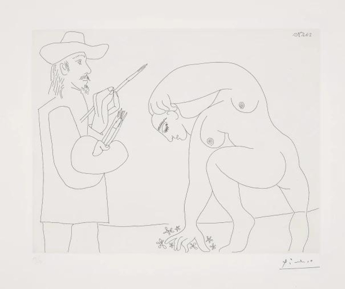 Peintre et femme cueillant des fleurs (Painter and Woman Picking Flowers), plate 56 from Séries 156 by Pablo Picasso