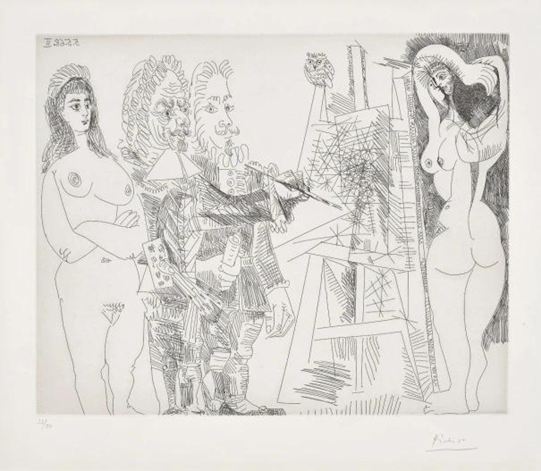 L'Atelier, avec un hibou et un envoyé officiel (The Studio, With an Owl and an Official Envoy), plate 65 from Series 347 by Pablo Picasso