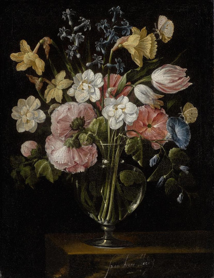 A STILL LIFE OF NARCISSI, DAFFODILS, TULIPS, HOLLYHOCKS, HYACINTHS AND OTHER FLOWERS IN A GLASS VASE ON A STONE LEDGE, WITH BUTTERFLIES by Juan de Arellano
