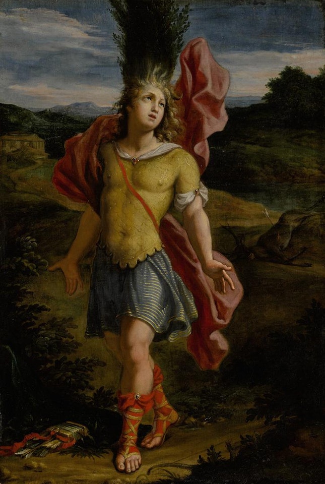 CYPARISSUS TURNING INTO A CYPRUS TREE, WITH HIS SLAIN STAG BEYOND by Roman School