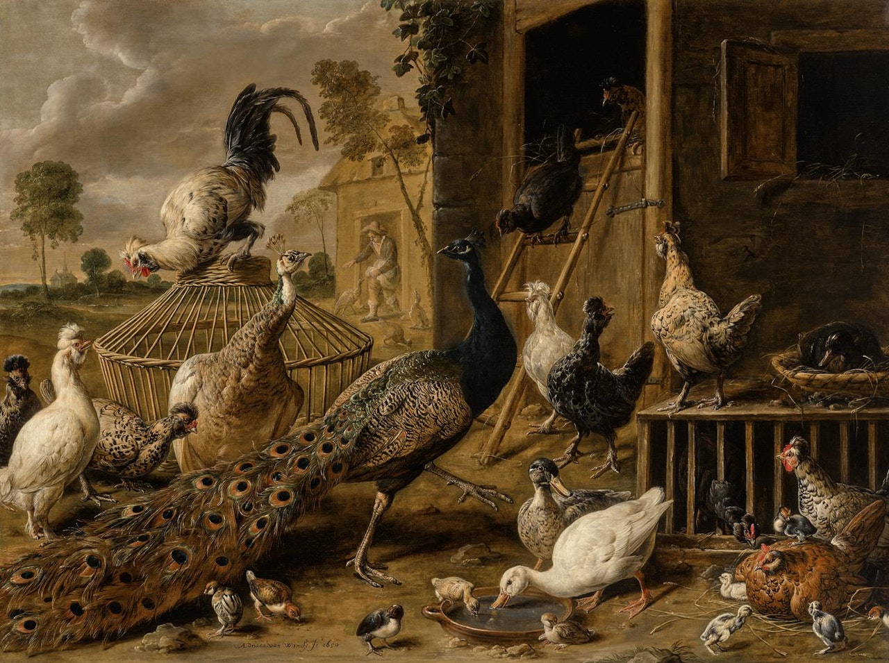 A PEACOCK, A PEAHEN, COCKERELS, HENS, DUCKS, DUCKLINGS AND CHICKS IN A FARMYARD by Adriaen van Utrecht