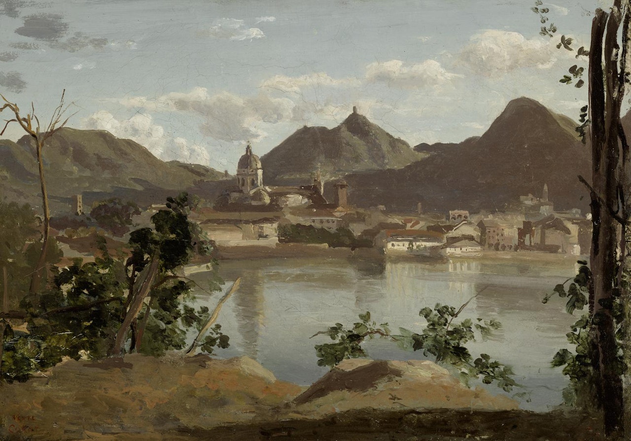 THE TOWN AND LAKE AT COMO by Jean Baptiste Camille Corot