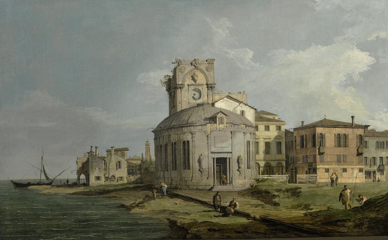 A VENETIAN CAPRICCIO VIEW OF AN OVAL CHURCH BESIDE THE LAGOON by Canaletto