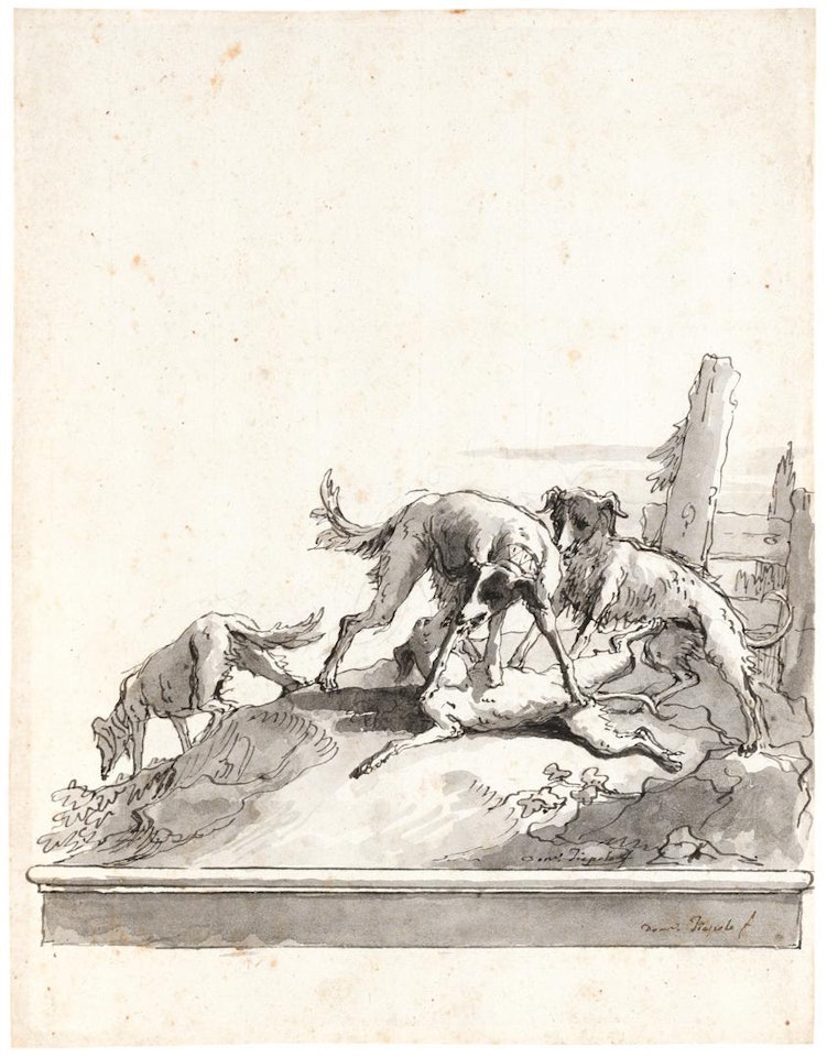 FOUR DOGS PLAYING IN A LANDSCAPE by Giovanni Domenico Tiepolo