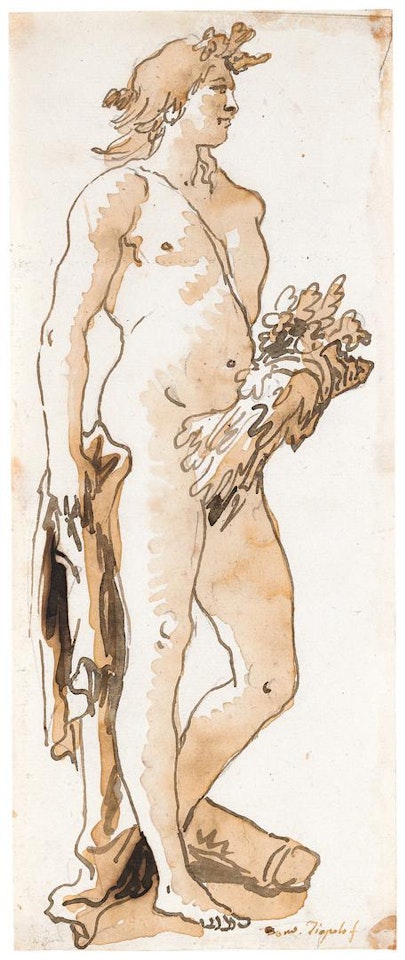 ZEPHYR, STANDING IN PROFILE TO THE RIGHT, HOLDING A CORNUCOPIA by Giovanni Domenico Tiepolo