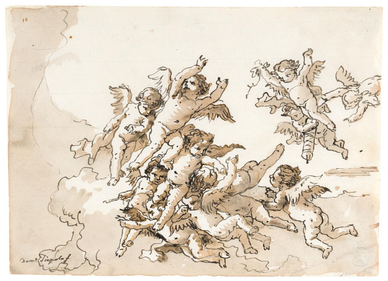 AMORINI WITH AN ARROW AND A FLAMING TORCH IN THE CLOUDS by Giovanni Domenico Tiepolo