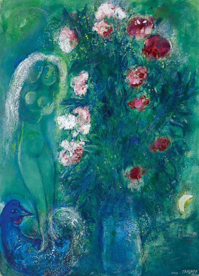 BOUQUETS D'ŒILLETS AUX AMOUREUX EN VERT by Marc Chagall