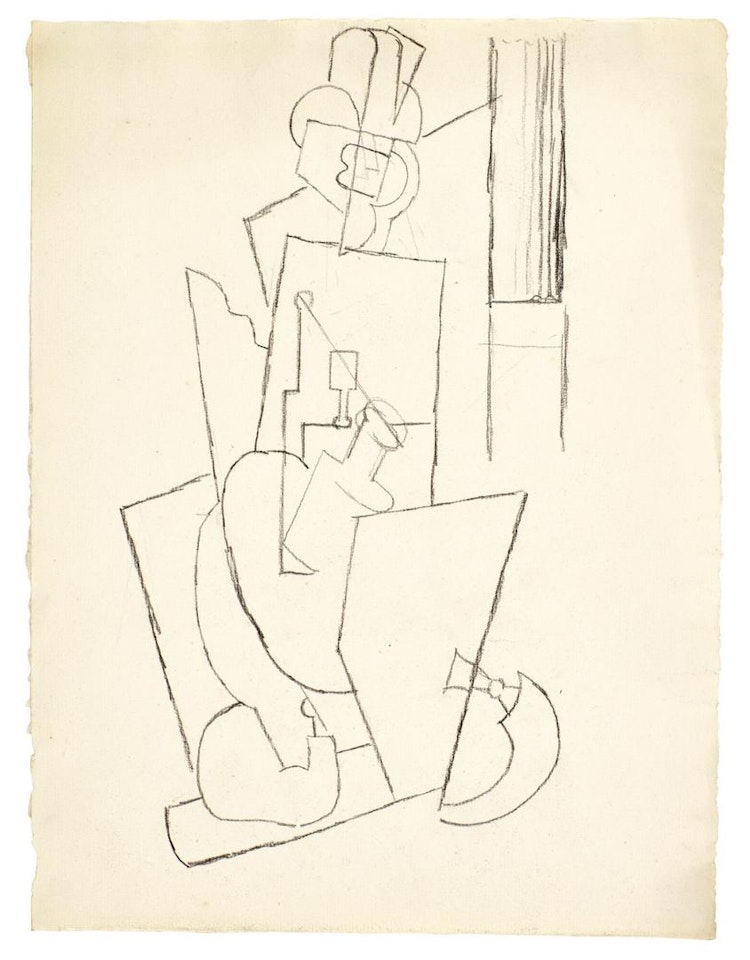 HOMME AU CHAPEAU ASSIS À UNE TABLE DEVANT UN VERRE ET UNE BOUTEILLE by Pablo Picasso