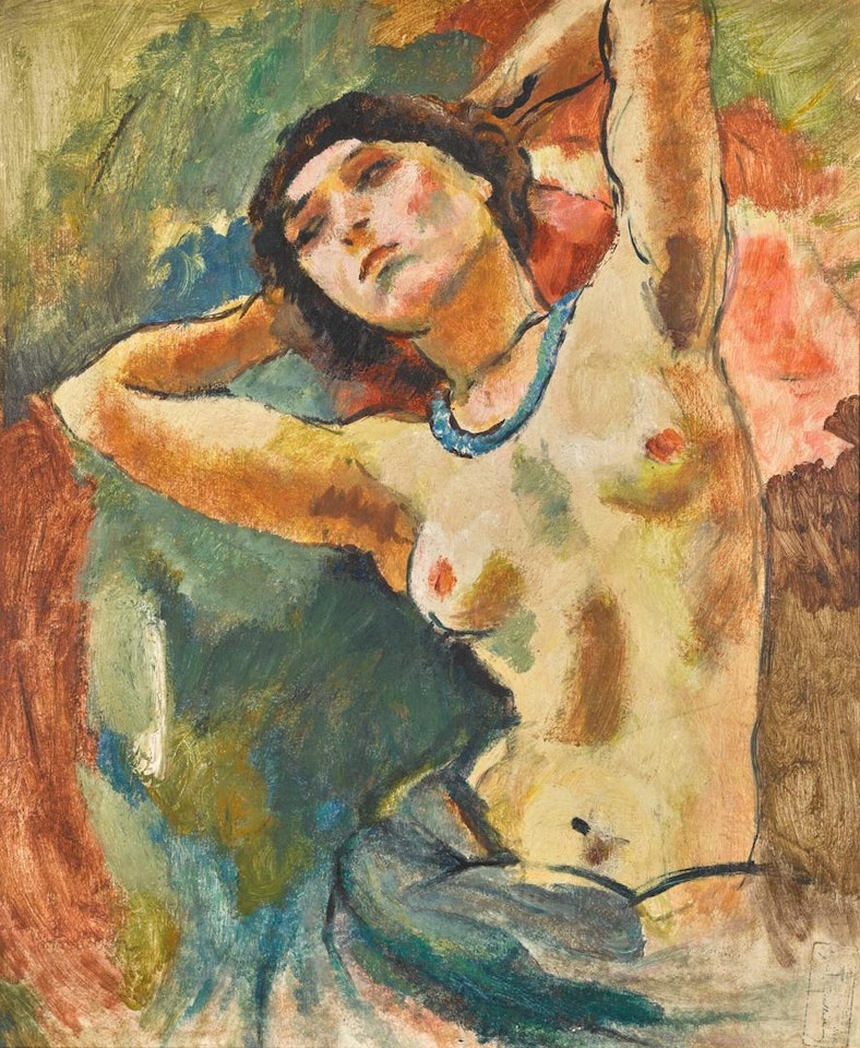BRUNE AU COLLIER BLEU by Jules Pascin