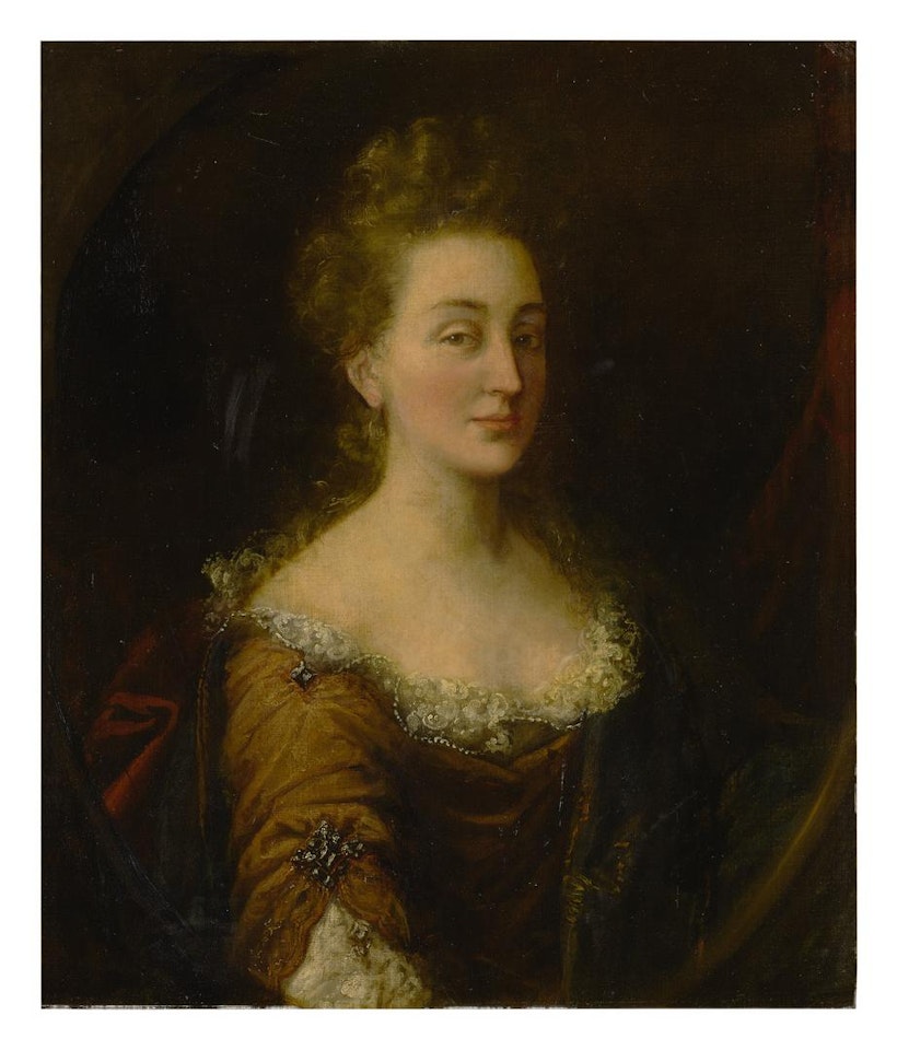 PORTRAIT OF A LADY, SAID TO BE DOROTHY AMHERST, HALF LENGTH, IN A BROWN DRESS WITH LACE FRILLS AND BLUE CLOAK by English School