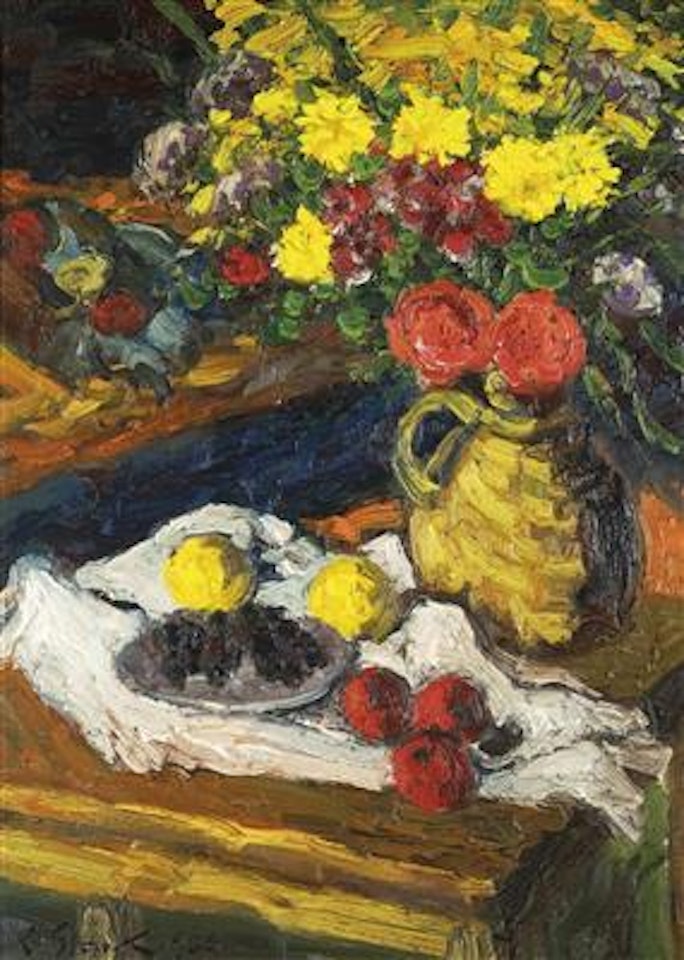 Large bouquet in a jug with fruits by Karl Stark