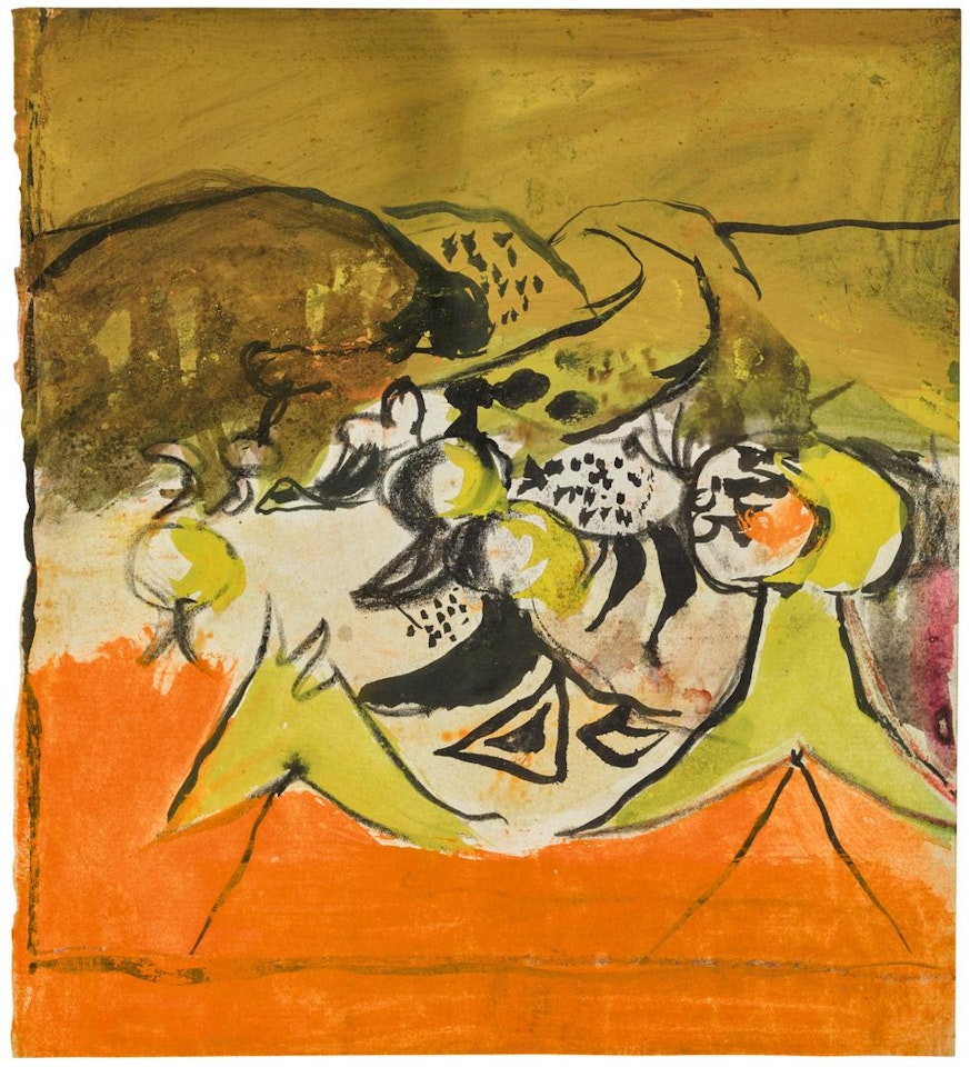 HILLY LANDSCAPE, ORANGE FOREGROUND AND YELLOW SKY by Graham Sutherland