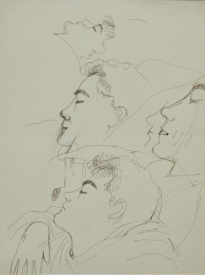 Yvon Belaval asleep with revivals of his profile by Jean Cocteau