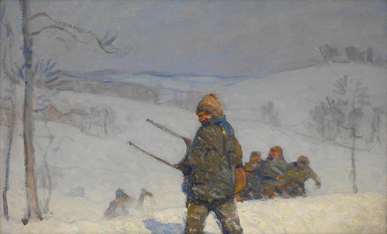 CHILDREN WITH SLEDS ON SNOWY HILL (KUERNER'S HILL; COASTING) by Newell Convers Wyeth
