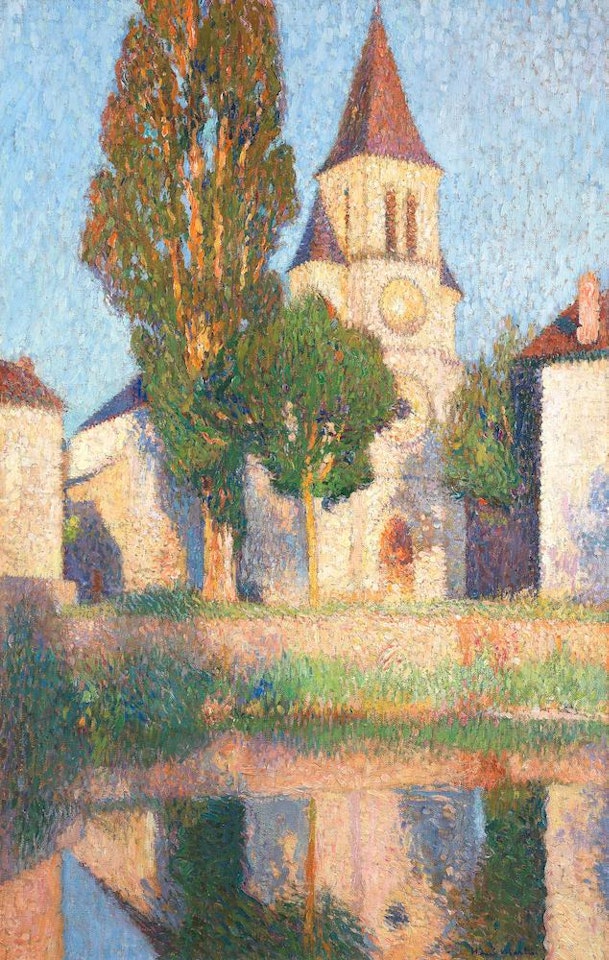 L'église de Labastide du Vert et son reflet au soleil couchant by Henri Martin