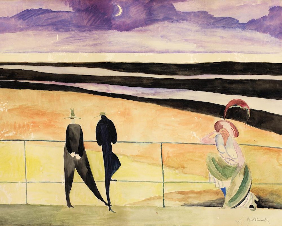 Deux messieurs et une courtisane sur la digue au clair de lune; Twee heren en een courtisane op de zeedijk bij maanlicht by Léon Spilliaert