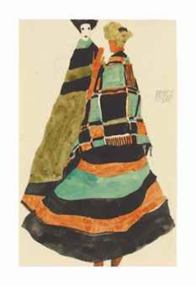 Zwei stehende Frauen in gestreiften und karierten Kostümen by Egon Schiele