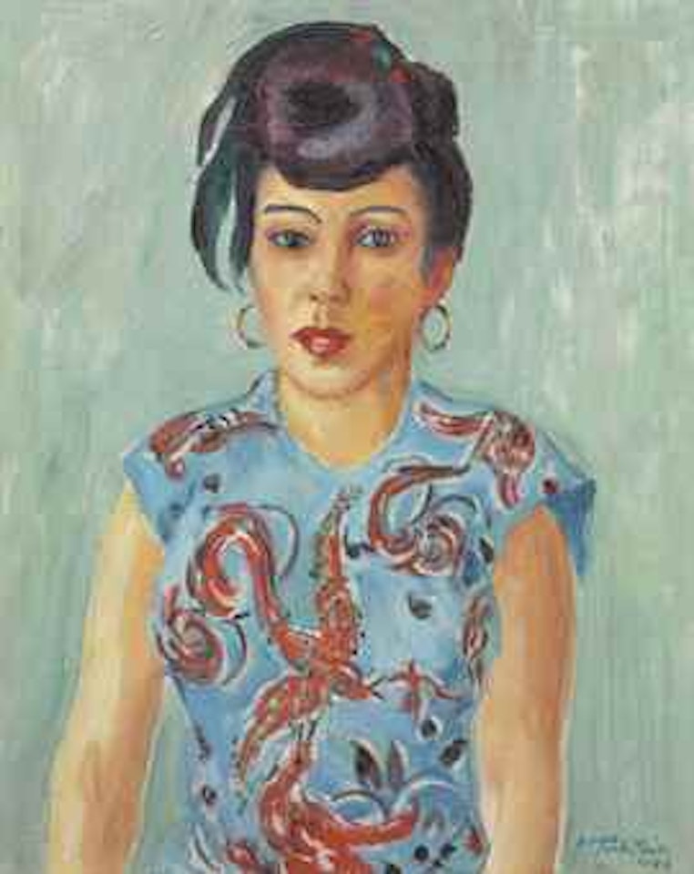 Bildnis Freda Wermel in blauer bluse by Max Pechstein