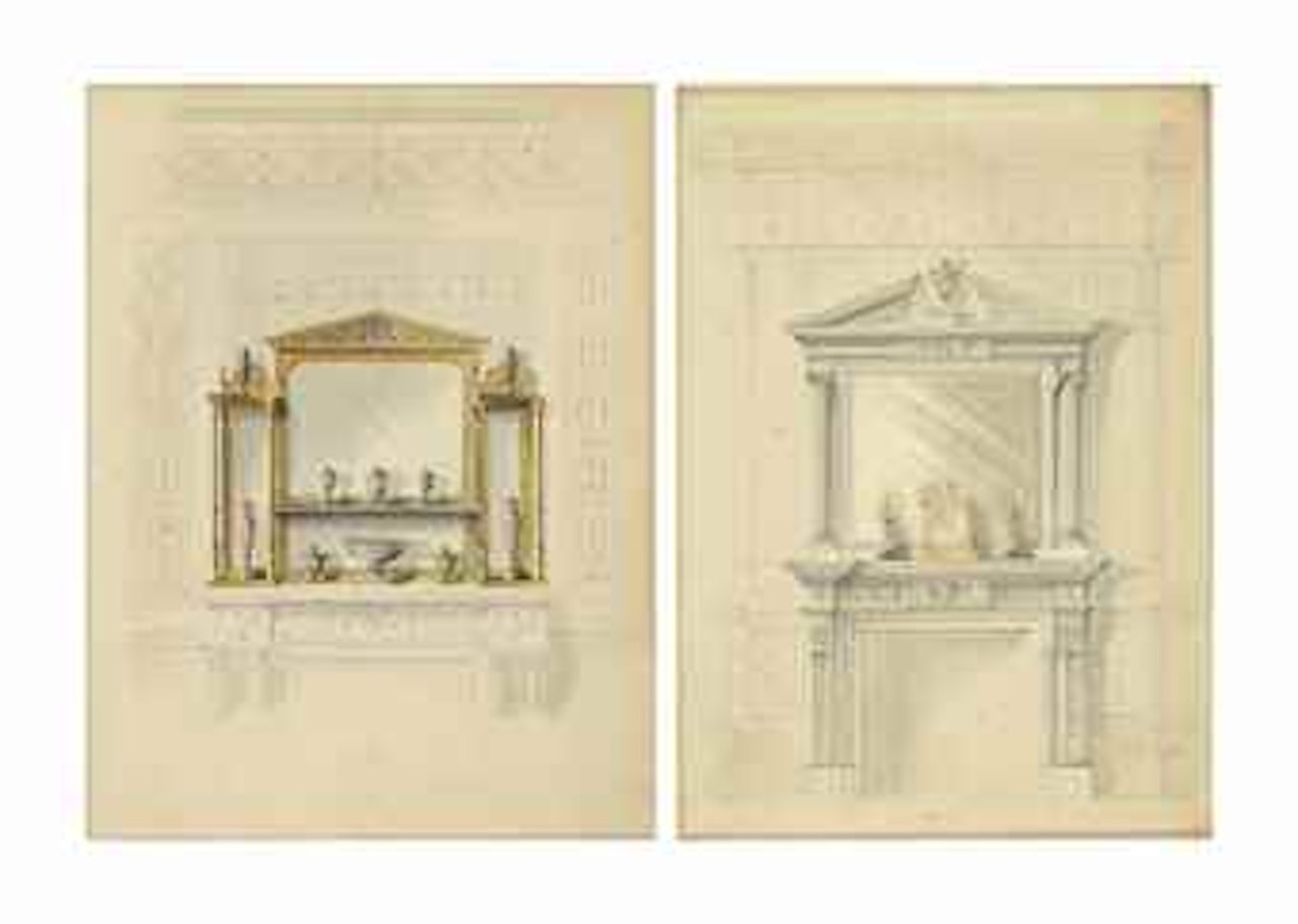 An cloth-bound album of ten architectural studies, including five sheets of designs for overmantles, and five for mirrors, the sheets laid onto album pages by English School