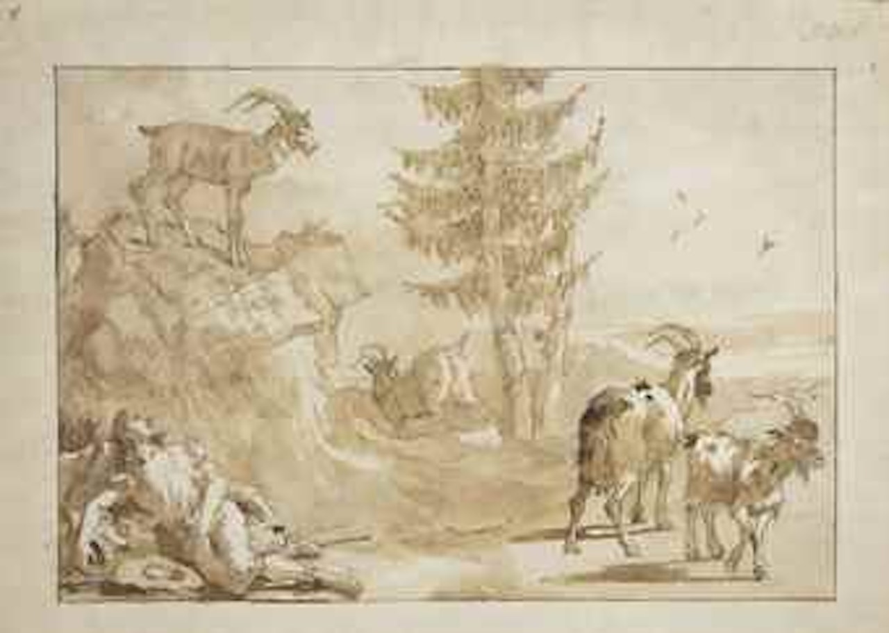 Mountain goats and a young traveller resting by Giovanni Domenico Tiepolo