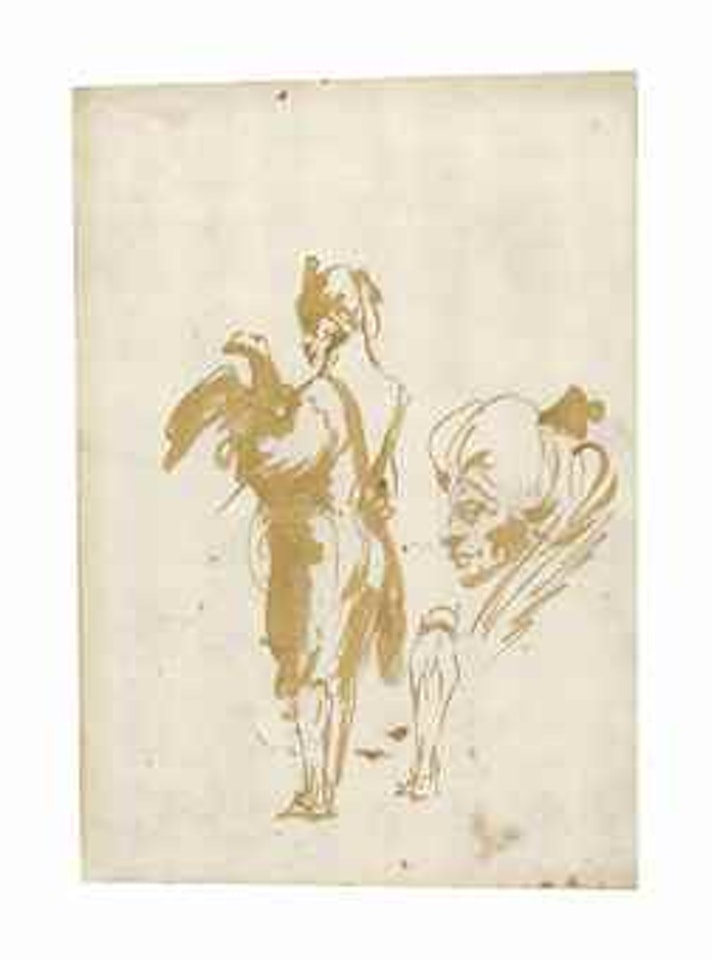 A turbanned man holding an eagle, with subsidiary studies of his head and leg by Giovanni Domenico Tiepolo