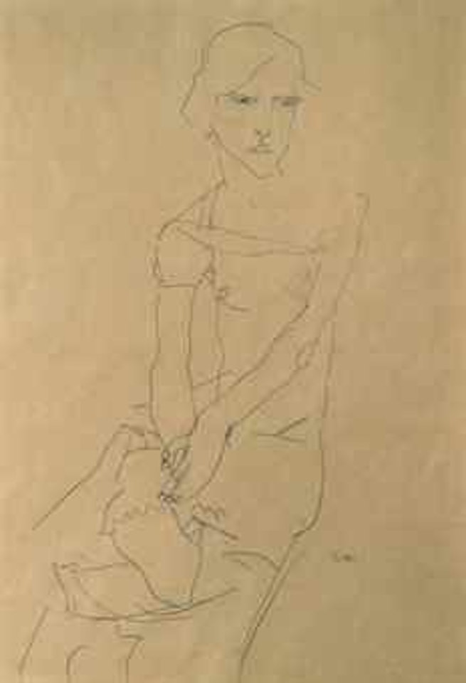 Sitzender Halbakt, Hände im Schoss by Egon Schiele