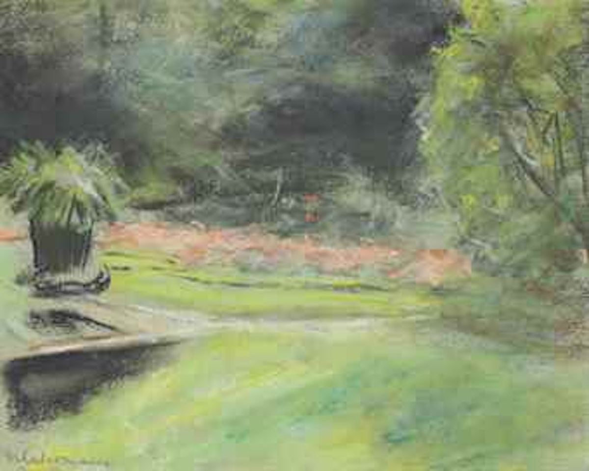 Wannseegarten, Blick auf die Terrasse mit Blumenbeeten und Pflanzenkübel links by Max Liebermann
