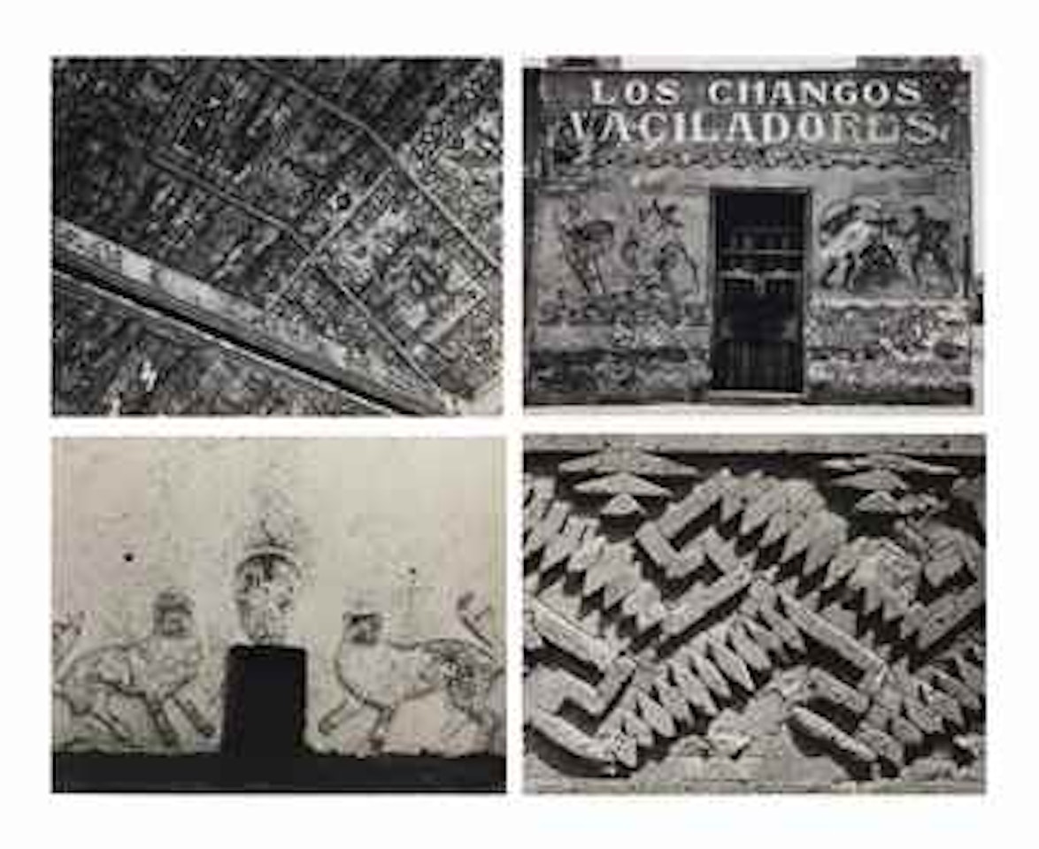 Untitled [ceiling with diagonal beam, Church of Santiago, Tupátaro]; Los changos vaciladores [the playful monkey]; Detail from Stone Frieze, Ruins of Mitla; Untitled [stone lions in relief from Oaxaca], 1926 by Edward Weston