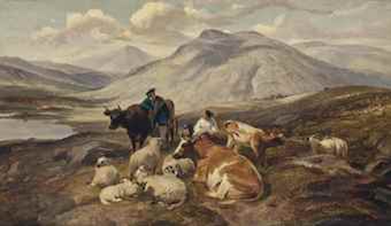 Cattle and figures in a highland landscape by Thomas Sidney Cooper