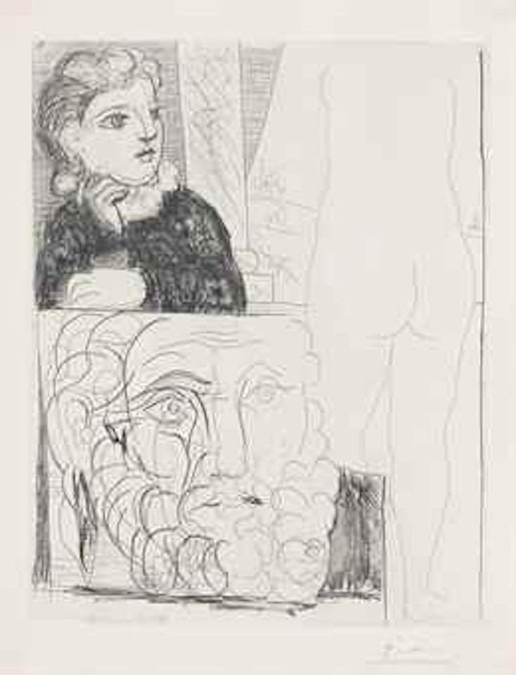 Femme accoudée, sculpture de dos et tête barbue, from: La Suite Vollard by Pablo Picasso